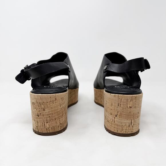 [Eileen Fisher] Black Leather Open Toe Ankle Strap Wedge Flatform Sandals Size 8 - Picture 5 of 11